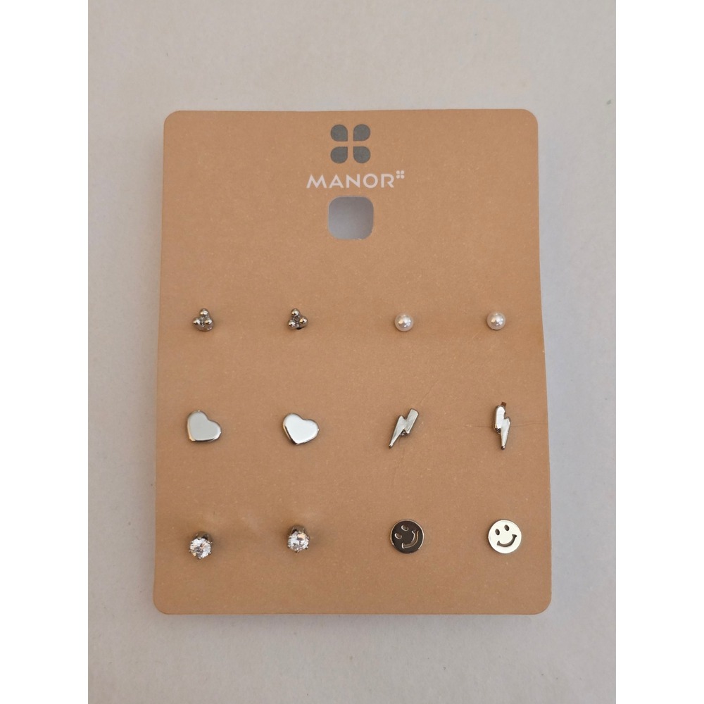 Womens 6 Pair Stud Earring Set Silver Tone Heart Lightning Smiley Pearl, Y2K 90s